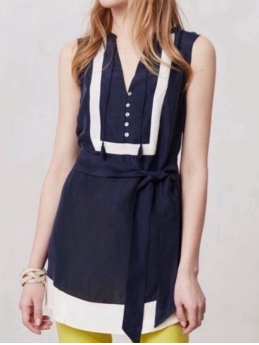 Maeve Anthropologie 100% Silk Tunic Top Nautical Navy & White Tassel Tie Size 4
